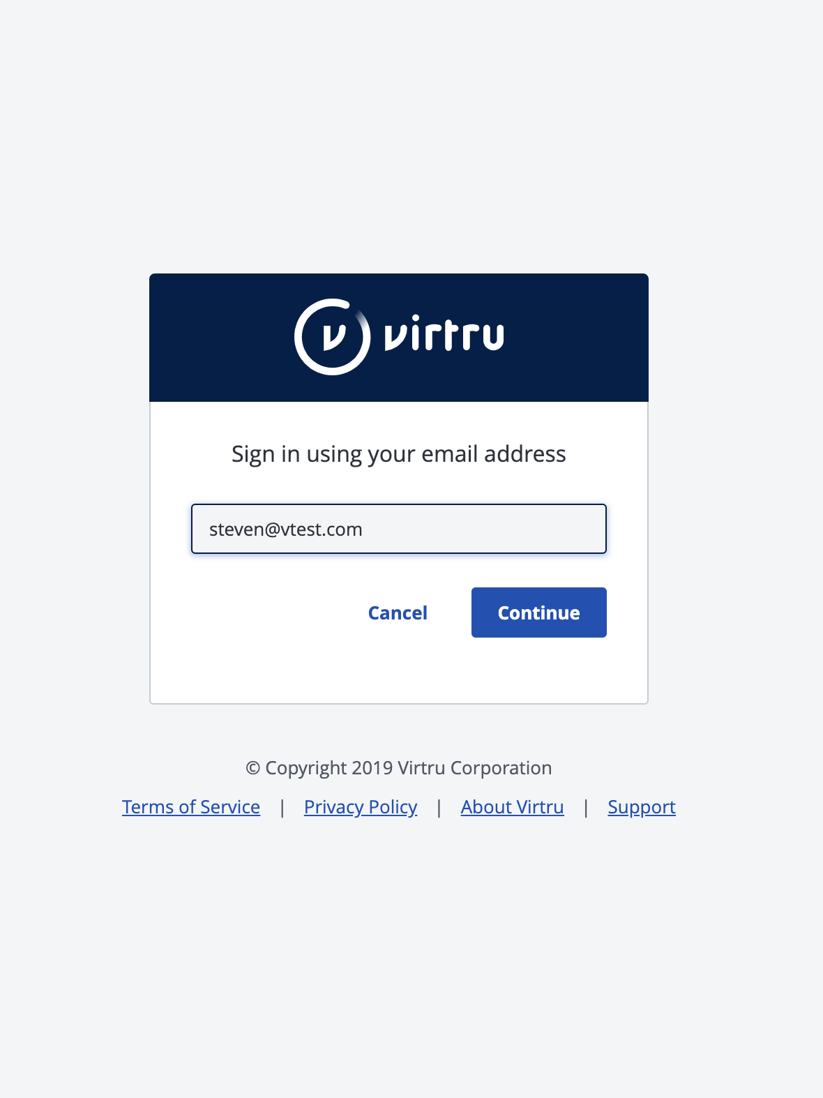 Virtru SSO sign in field
