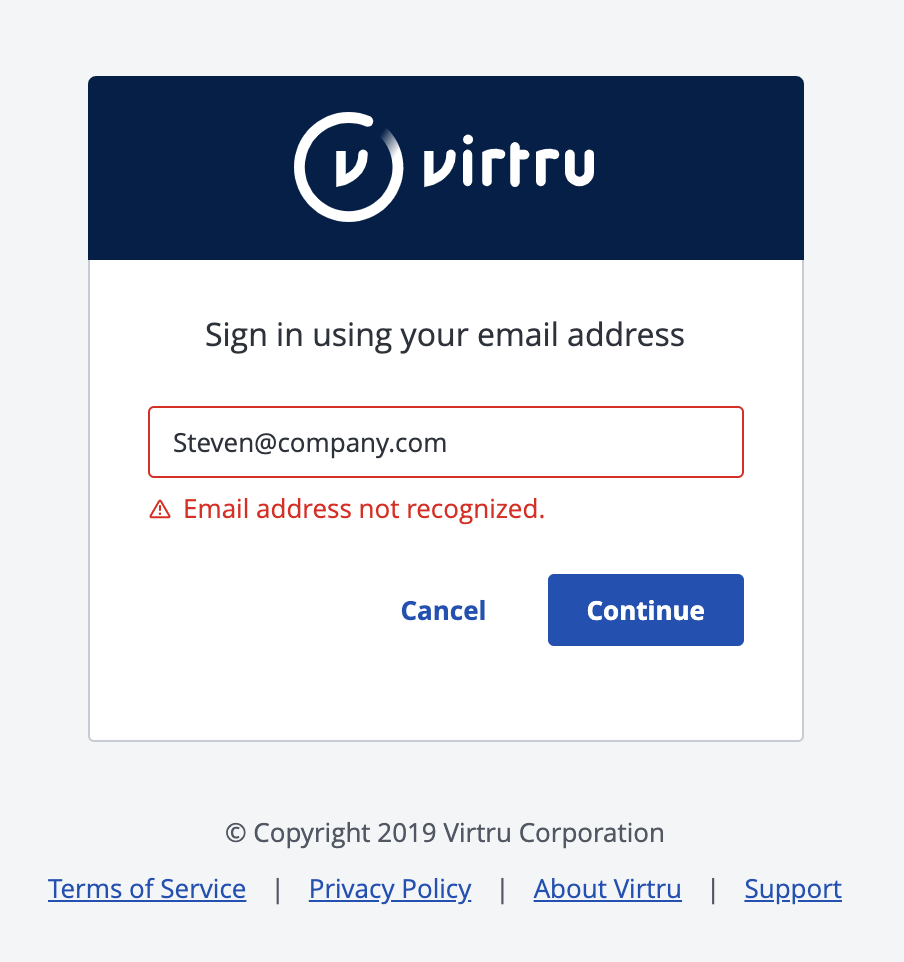 Virtru SSO field with error message