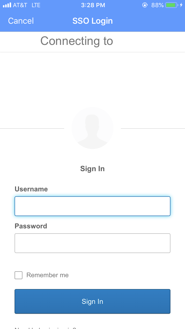 SSO provider login screen on mobile