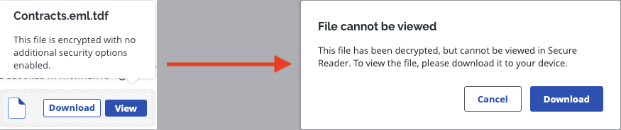 Image showing workflow when View is selected for an attachment but the attachment cannot be viewed in the Secure Reader