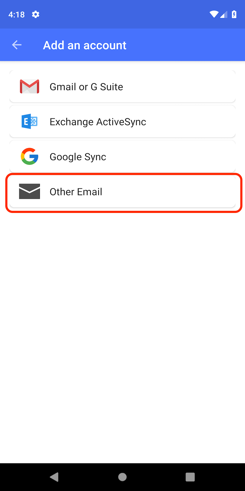 Virtru Android Add Account Screen with Other Email circled