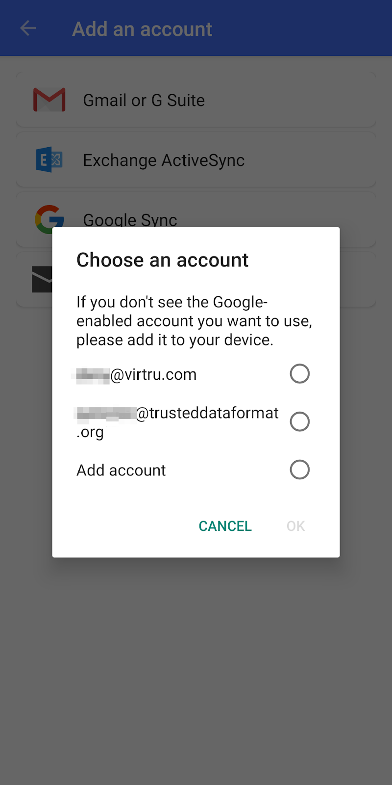 Gmail Choose an account sign in modal