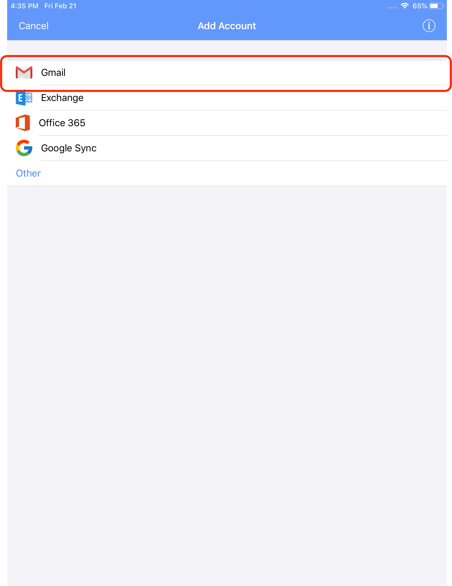 Virtru app Add Account screen with Gmail circled