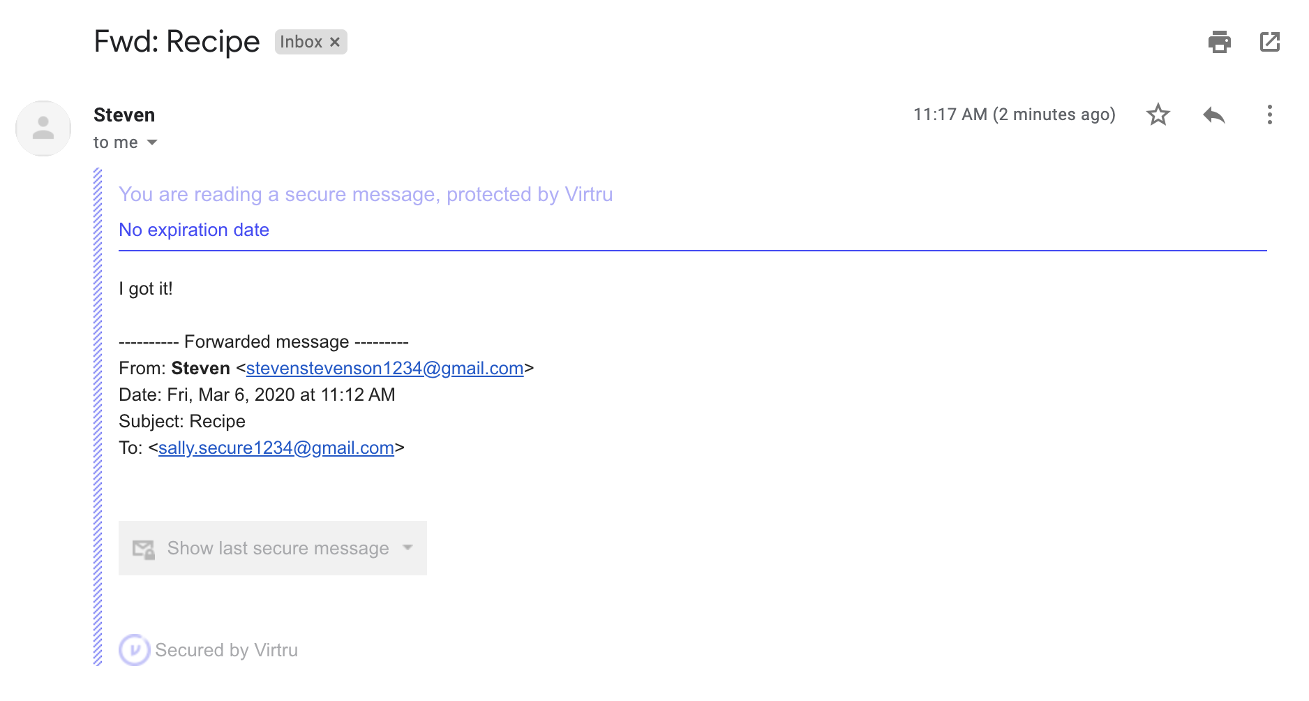Received secure email with a threaded message