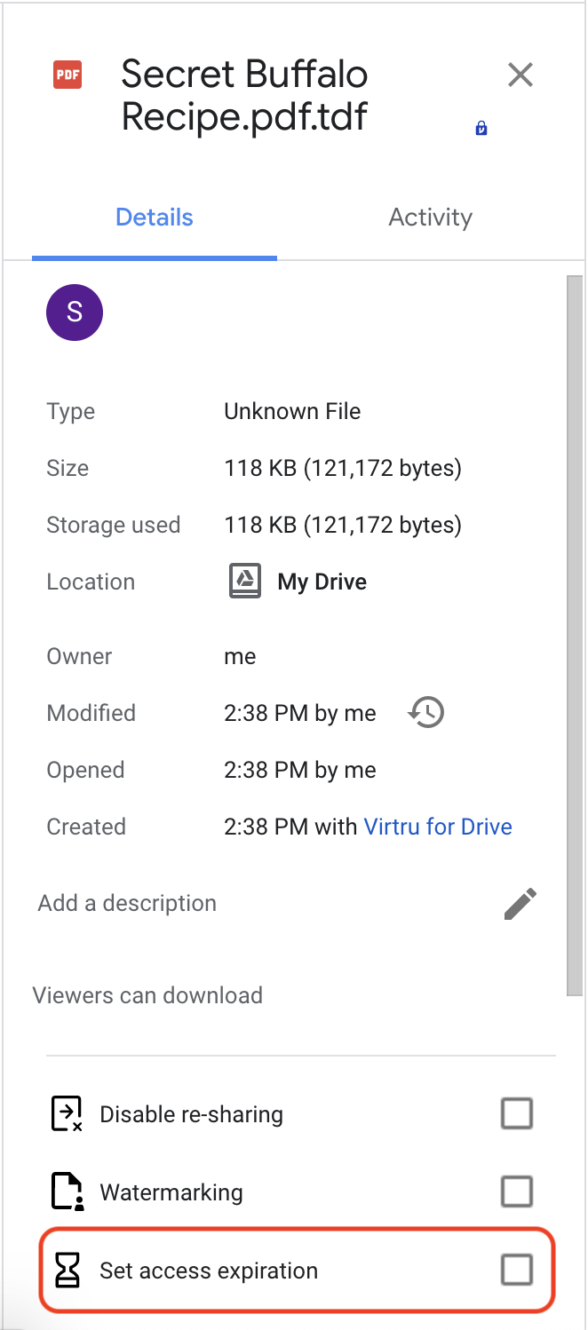 Secure file detail pane
