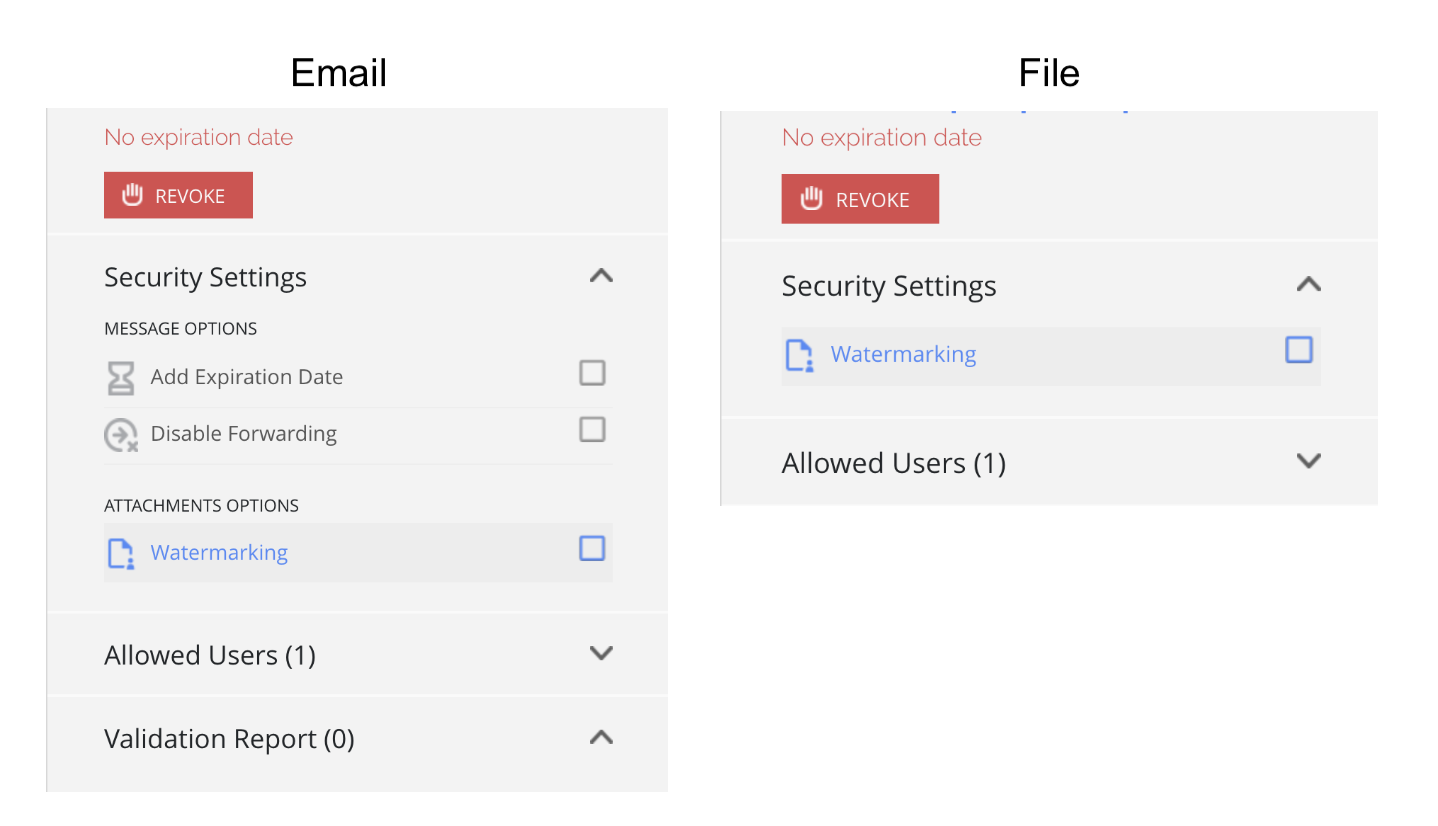 Email and File metadata menu Watermarking option