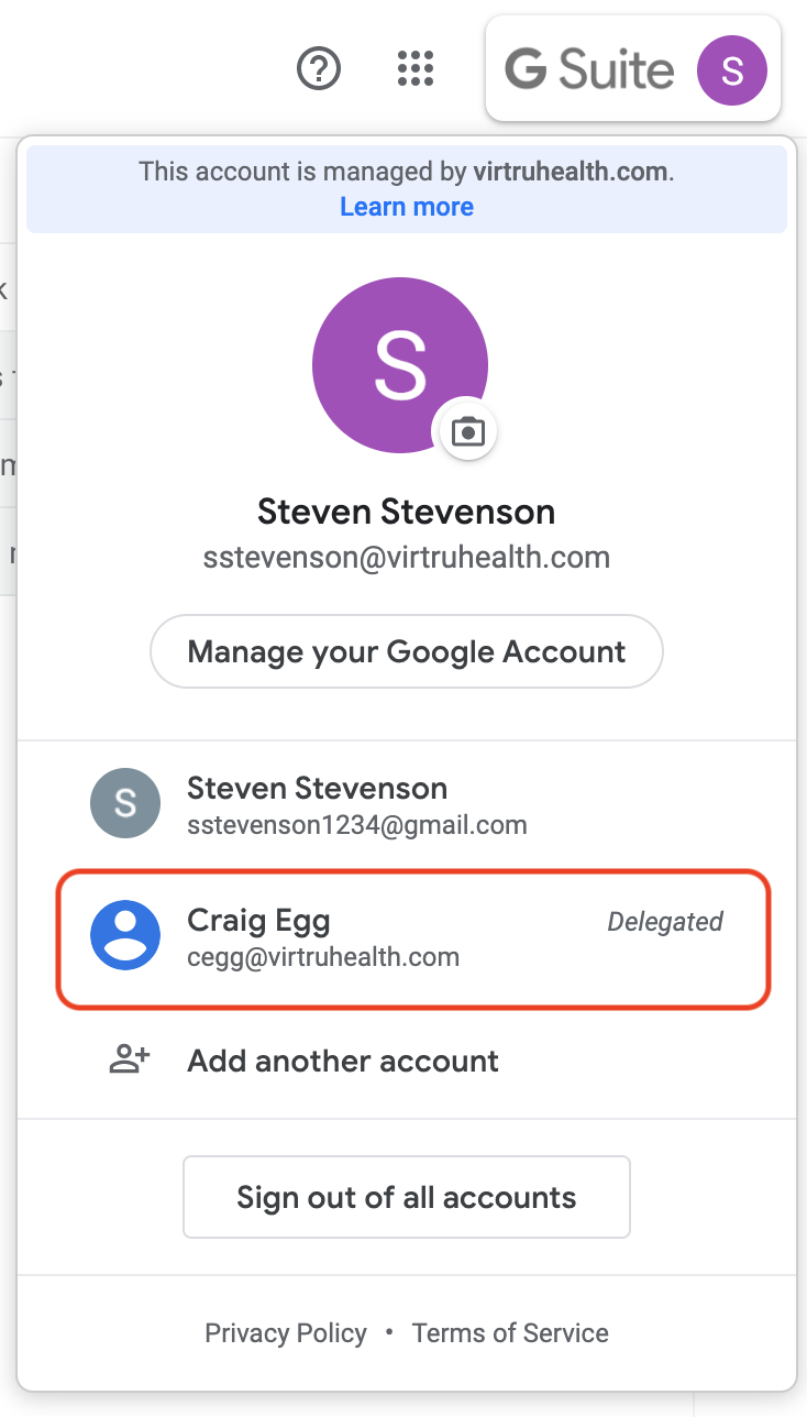 Google Accounts menu