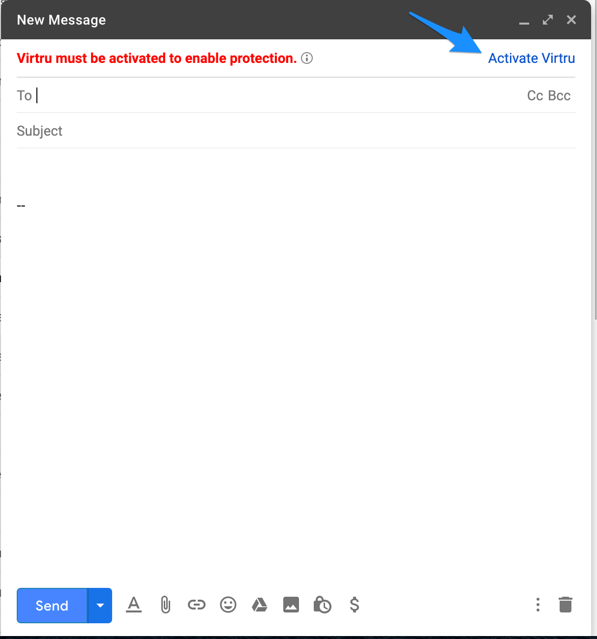 Activate Virtru in compose screen pointed by arrow
