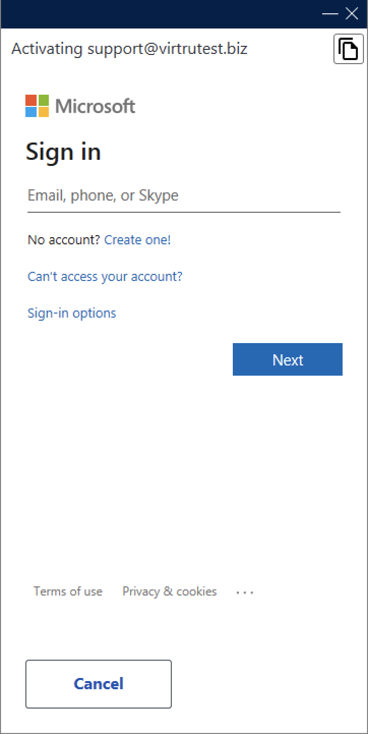 Sign in modal for Microsoft
