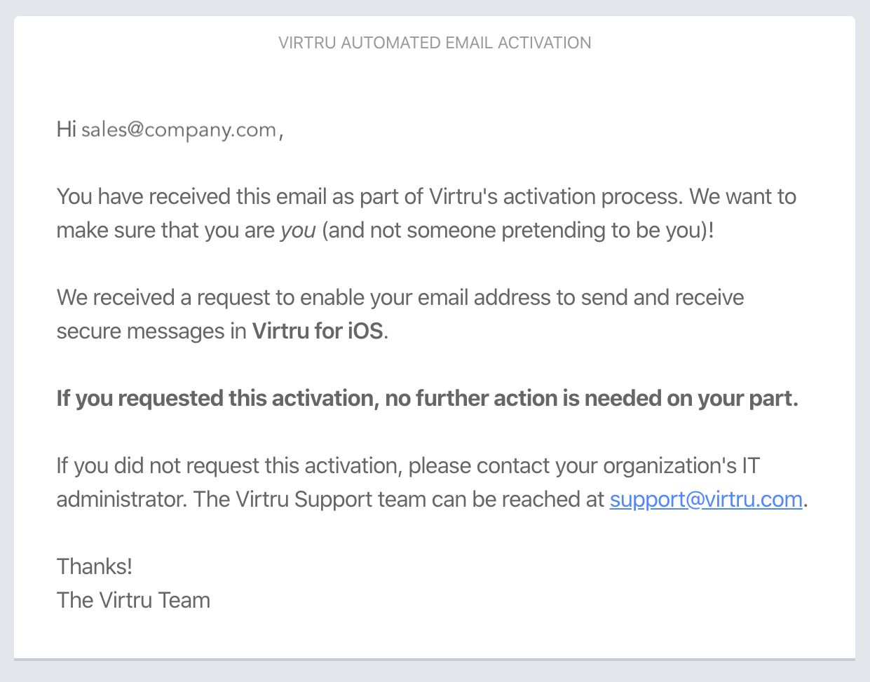 Virtru automated activation email