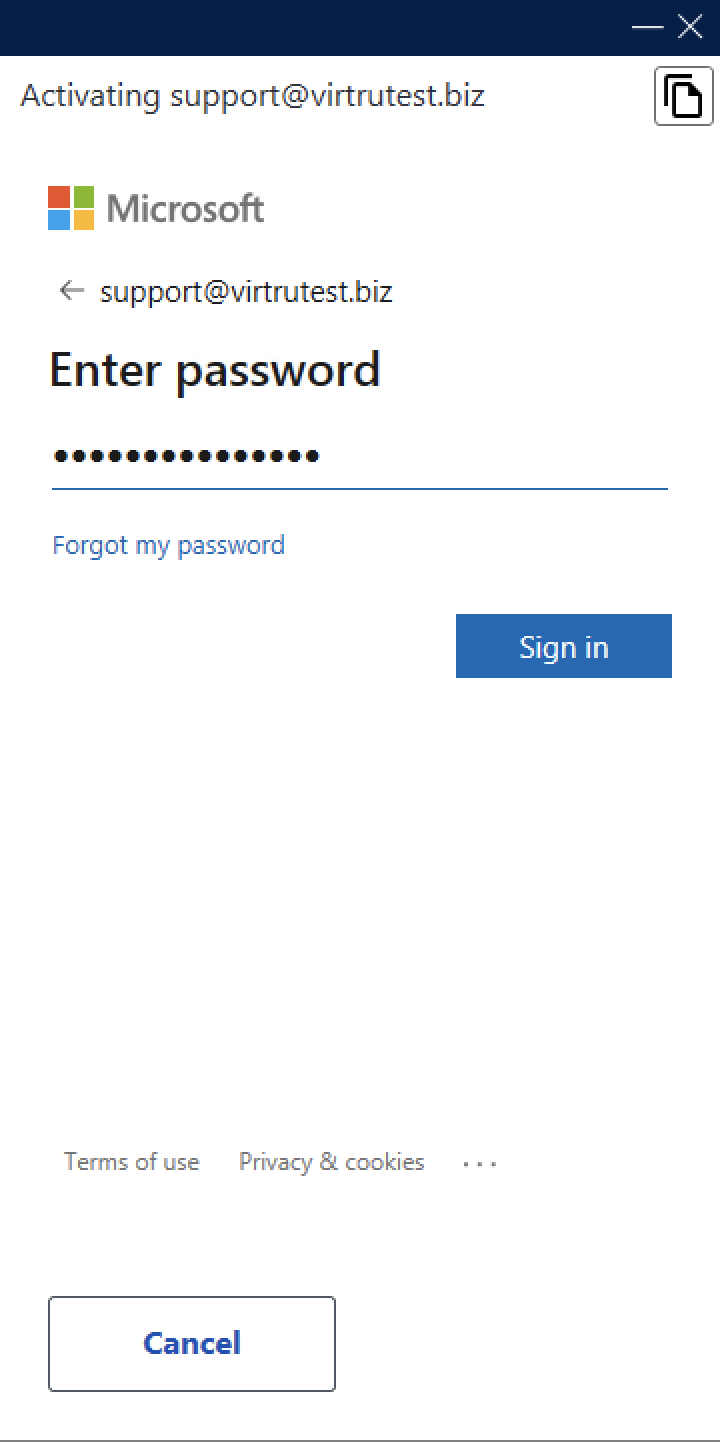 Enter password for sign in with Microsoft