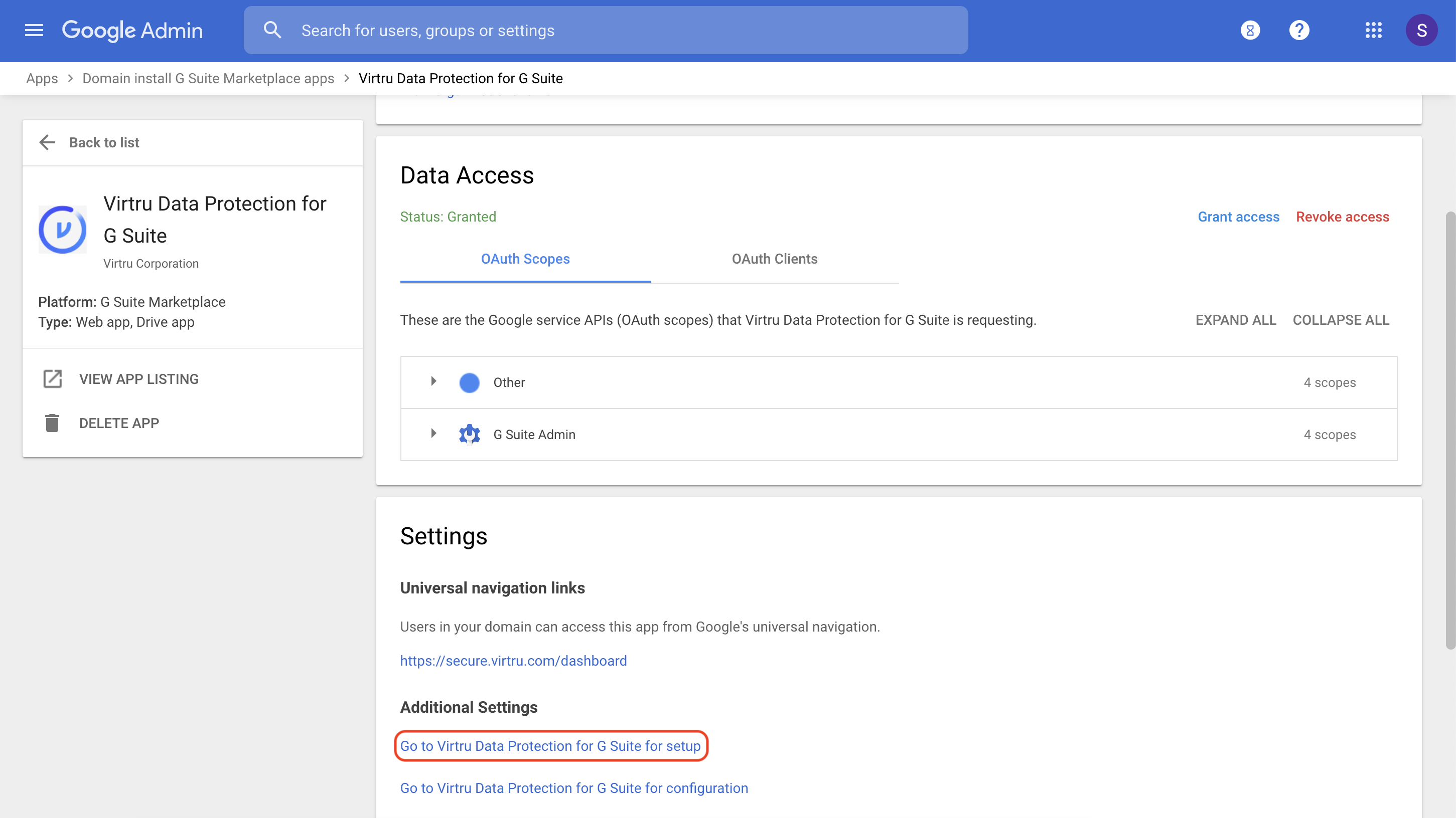 Go to Virtru Data Protection for G Suite for setup button
