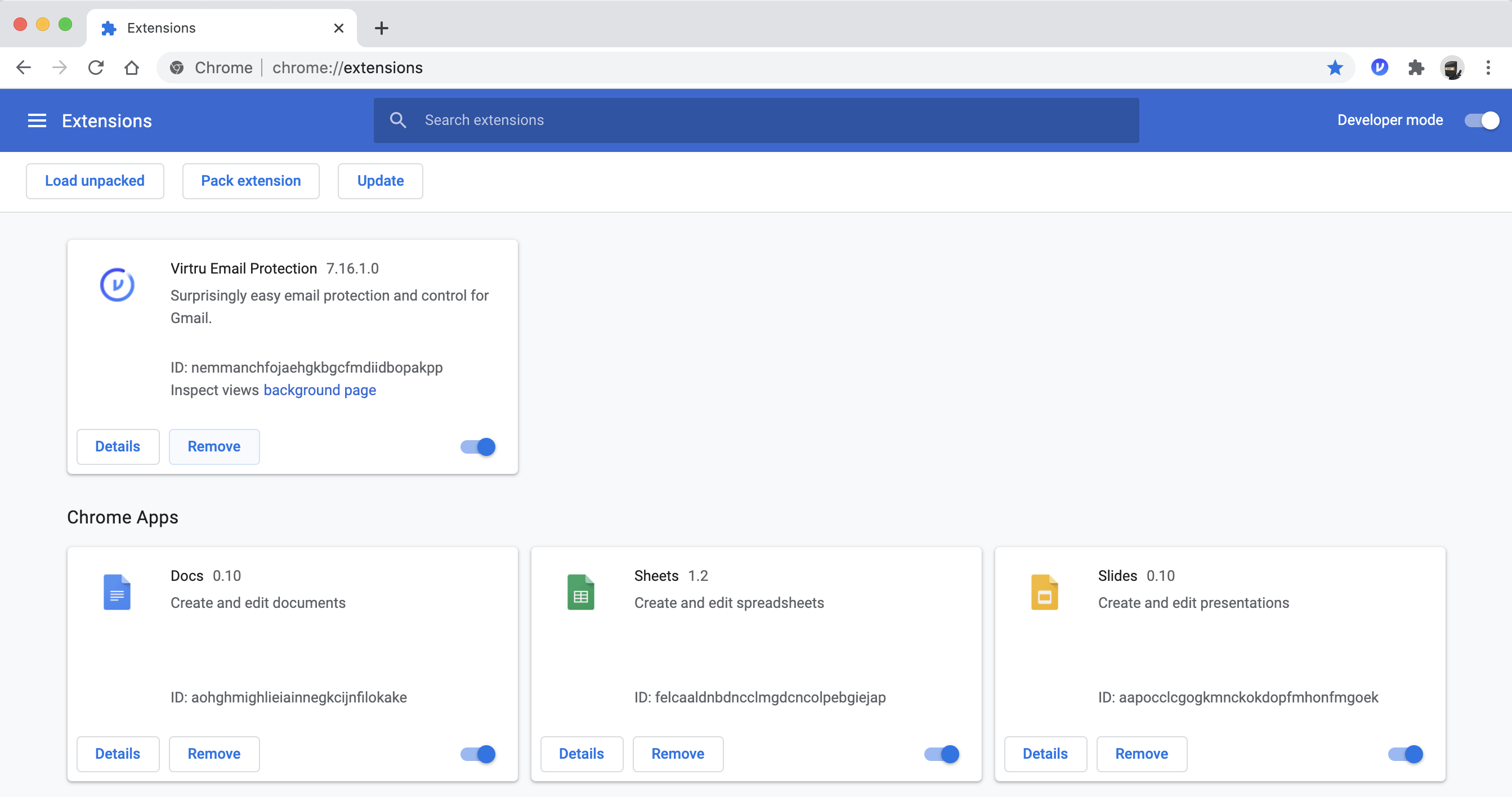 Chrome Extensions page