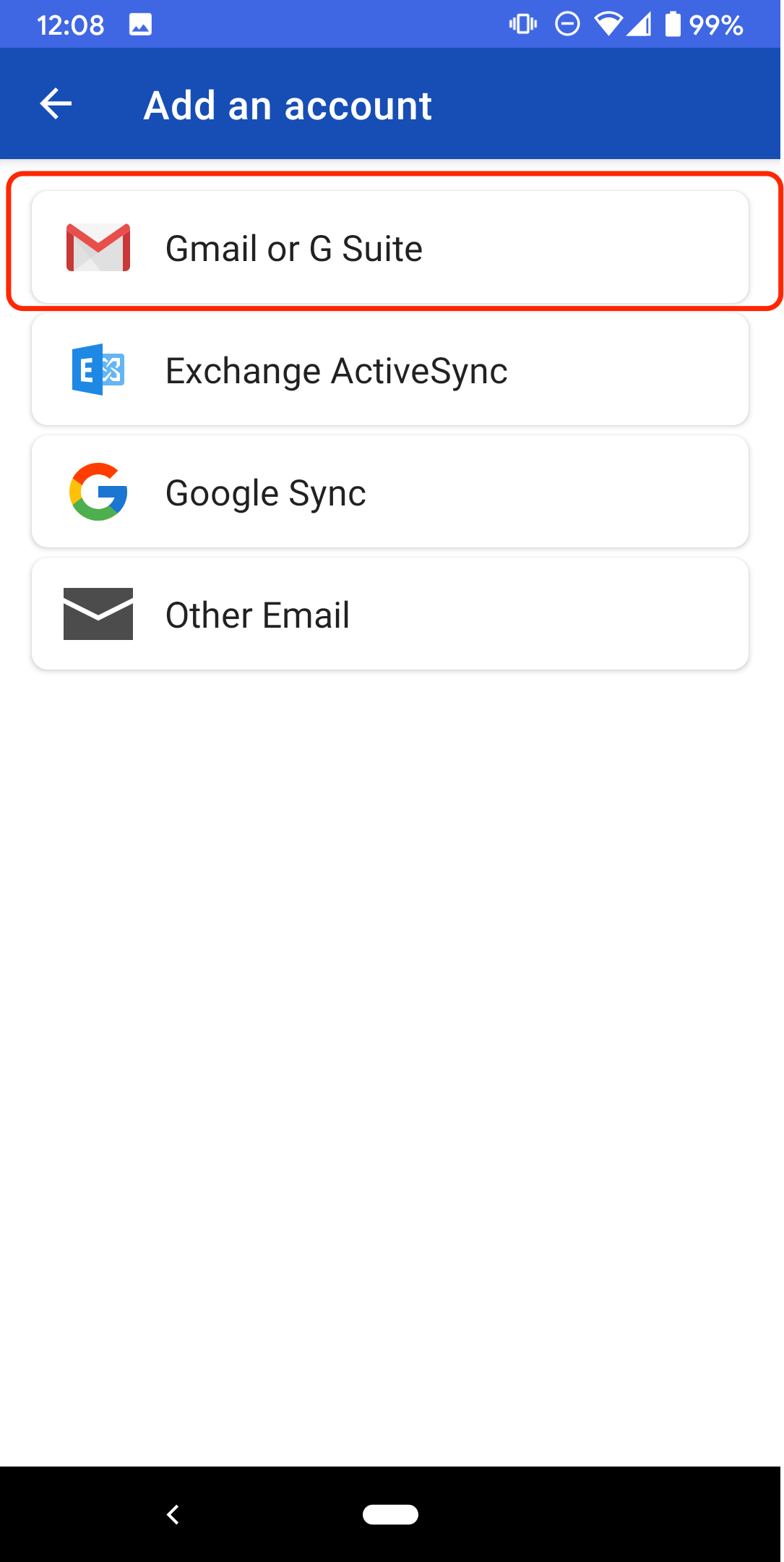 Gmail or G Suite option circled in Virtru Android app