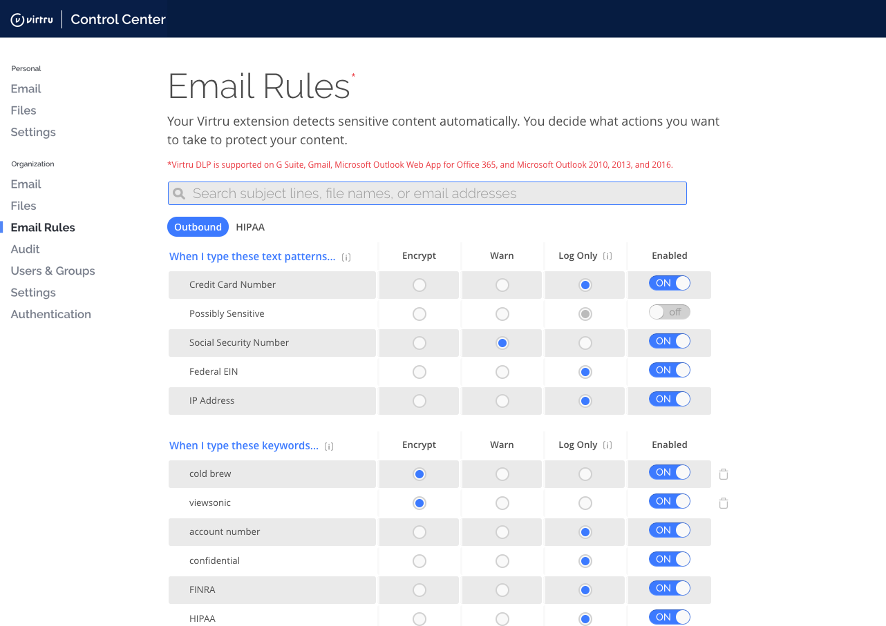 Control Center Email Rules page