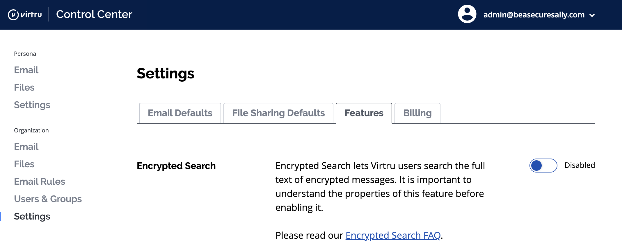 Encrypted Search setting in the Features tab