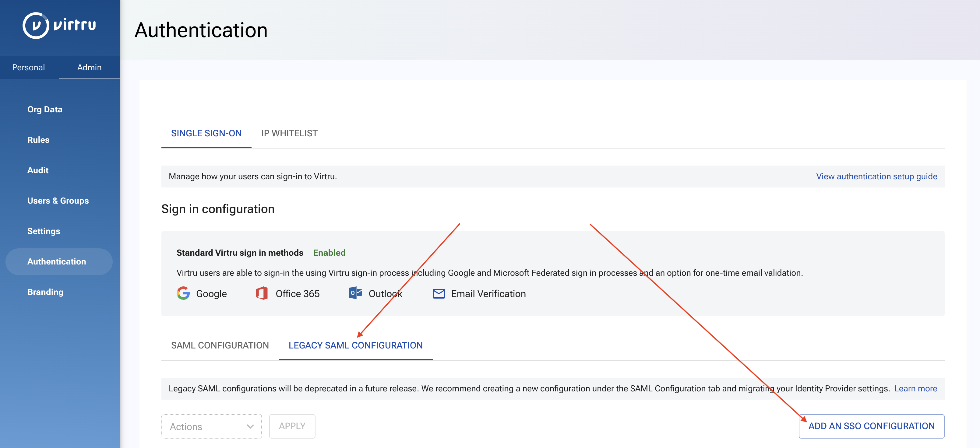 LEGACY SAML CONFIGURATION page