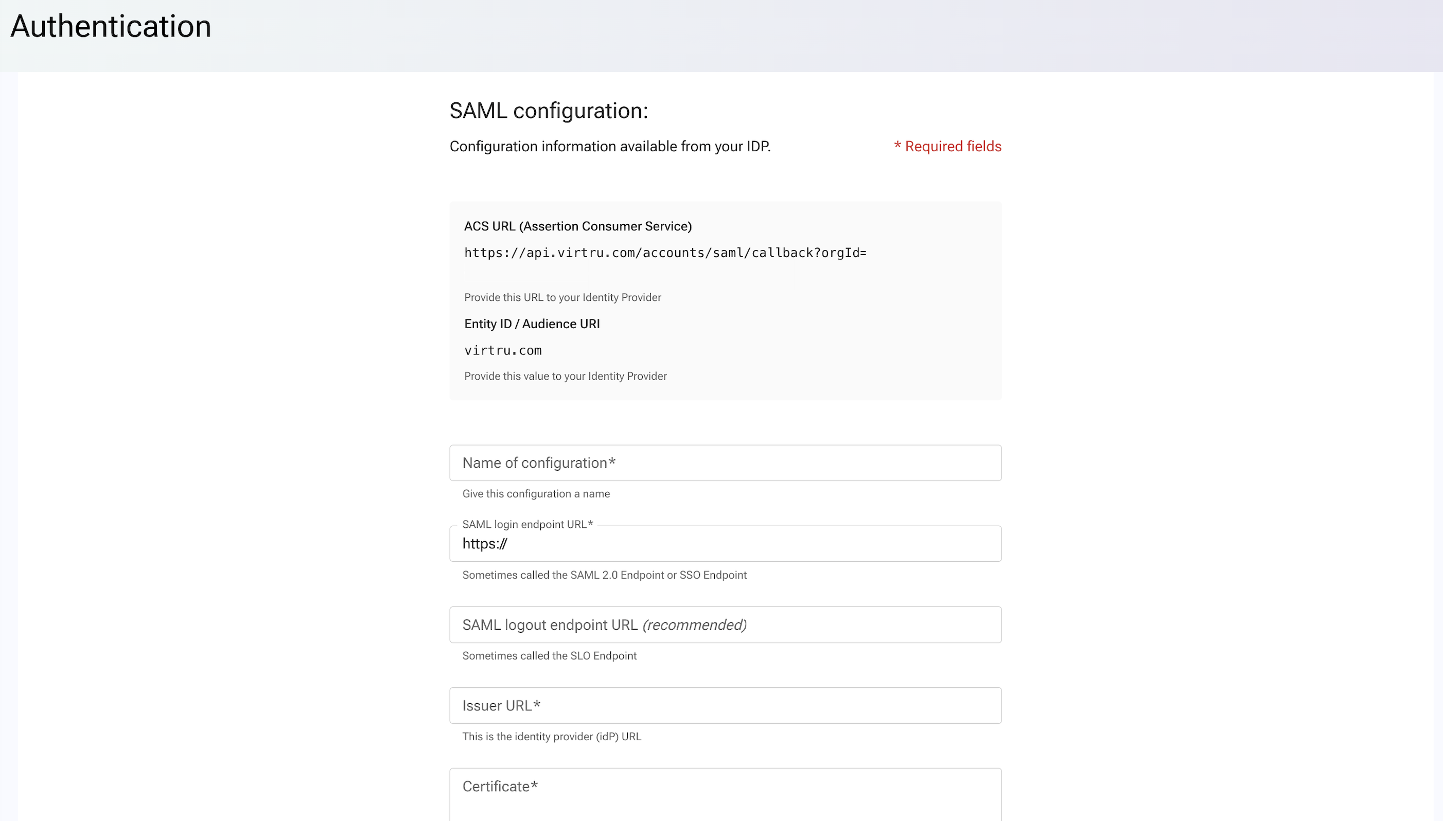 SAML configuration entry fields