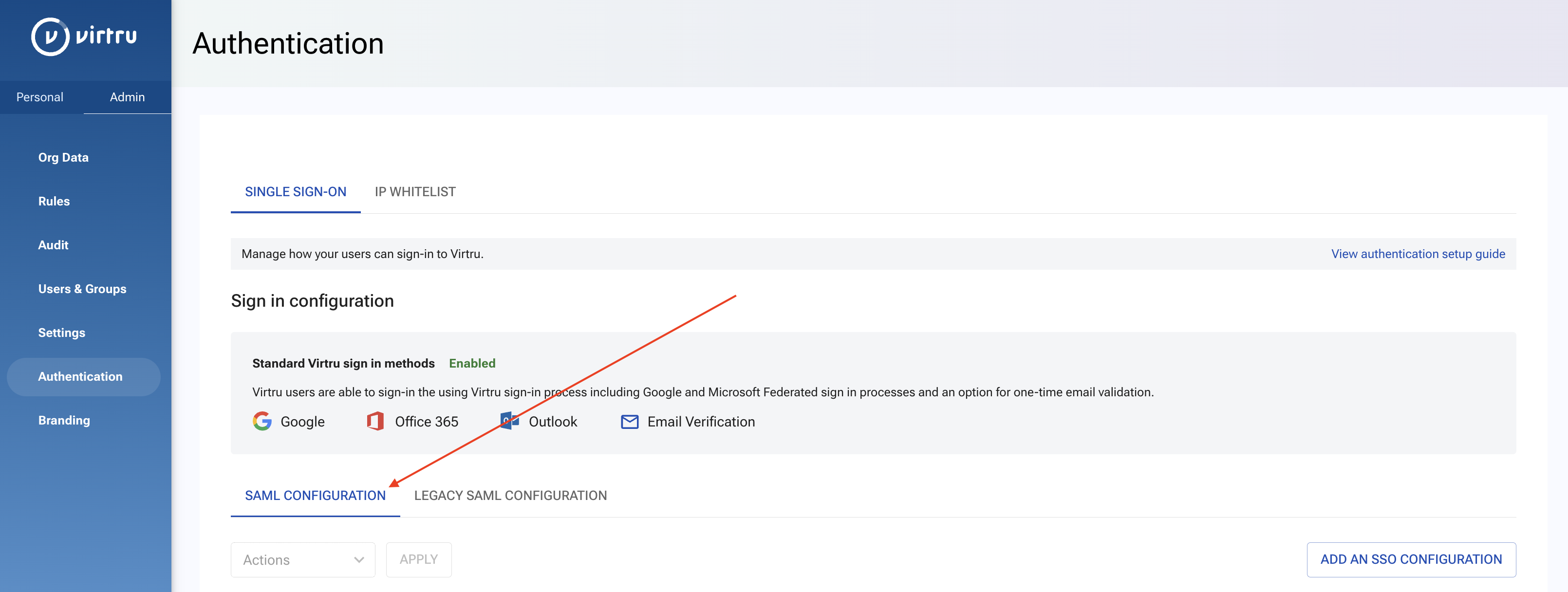 New SAML CONFIGURATION tab