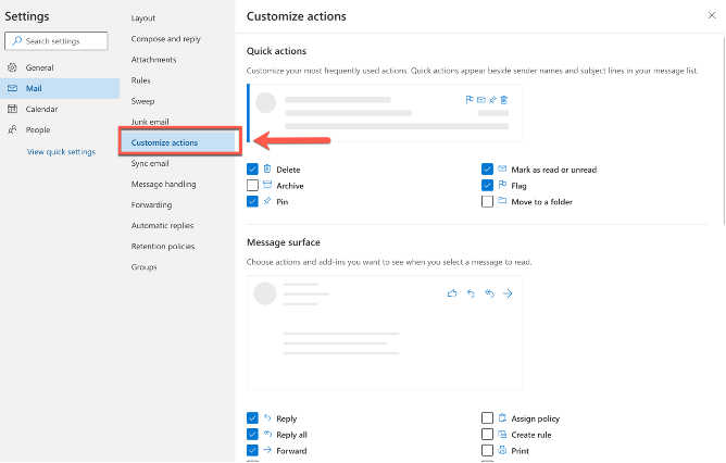 Click customize actions