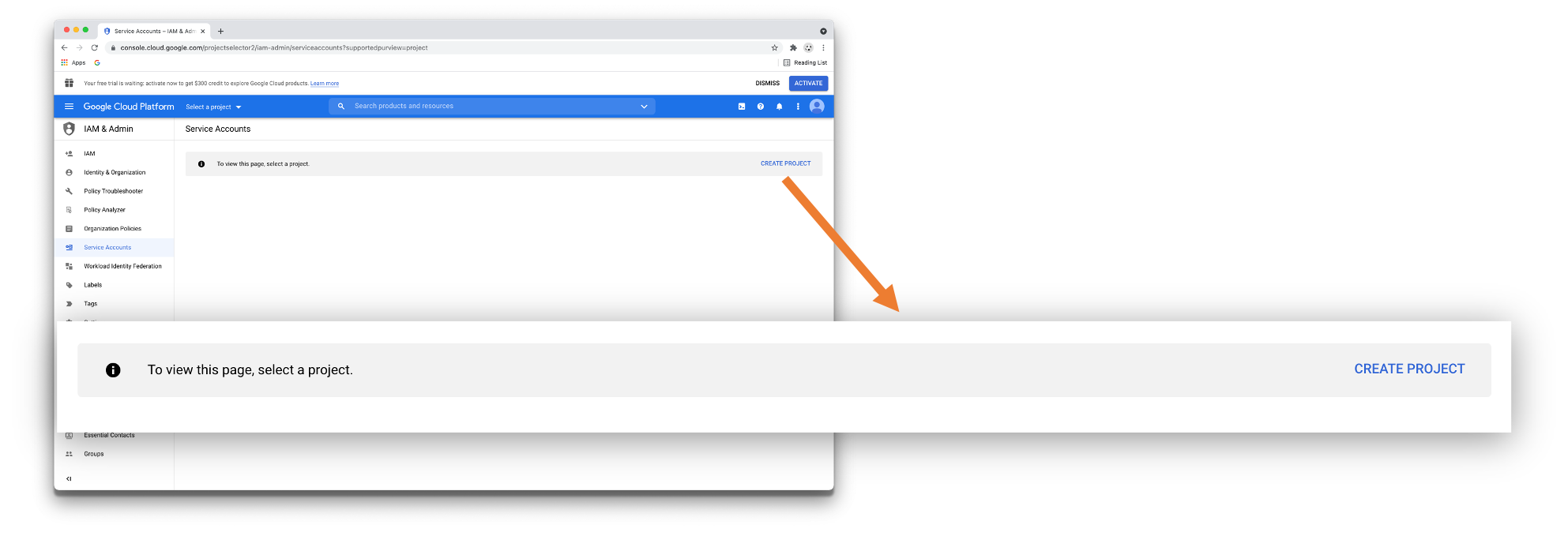 Google Workspaces service accounts page with Create project area zoomed in