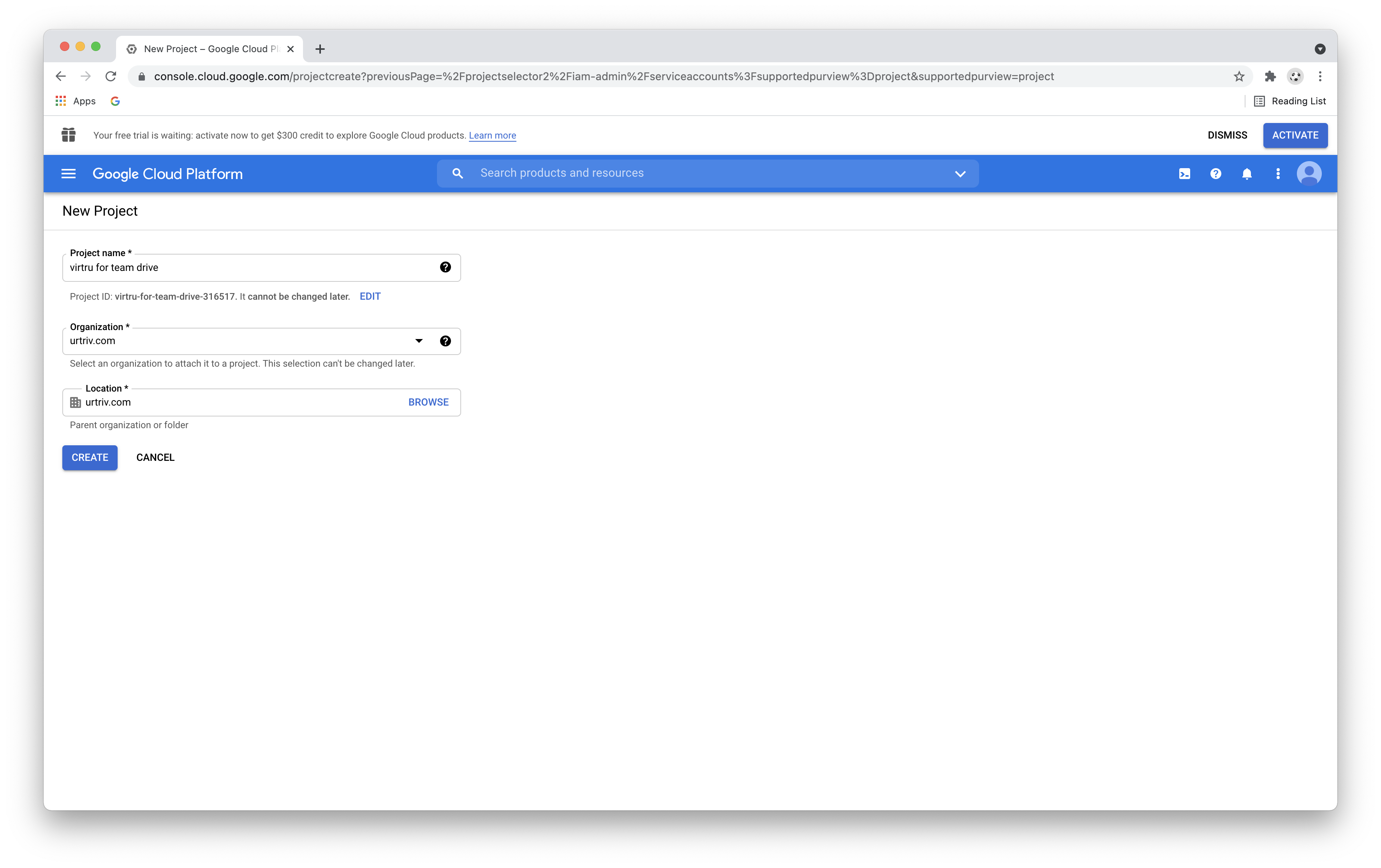 New project page with fields for project name, organization and location