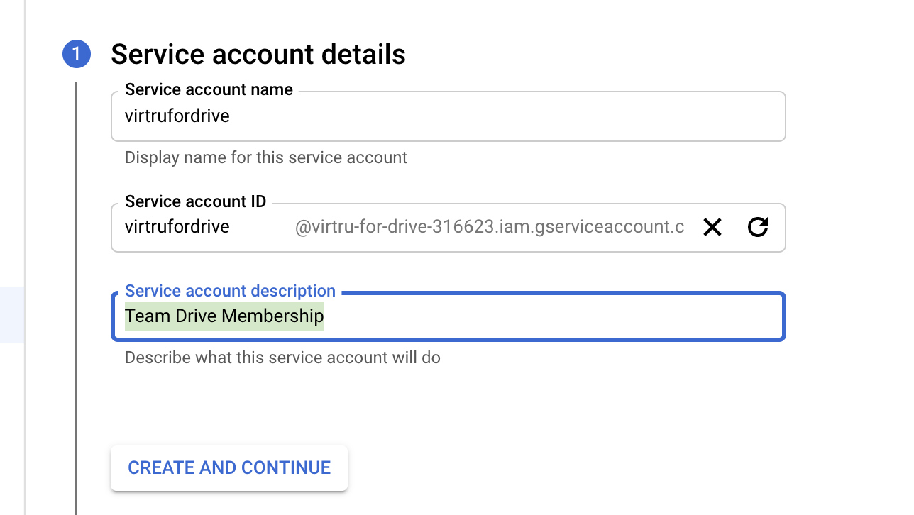Service account details page and fields