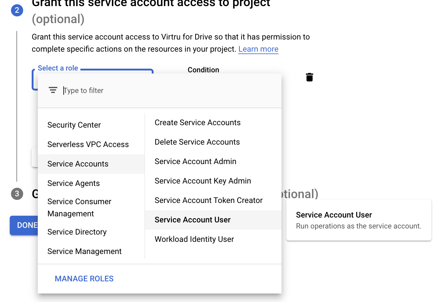 Service account role selection