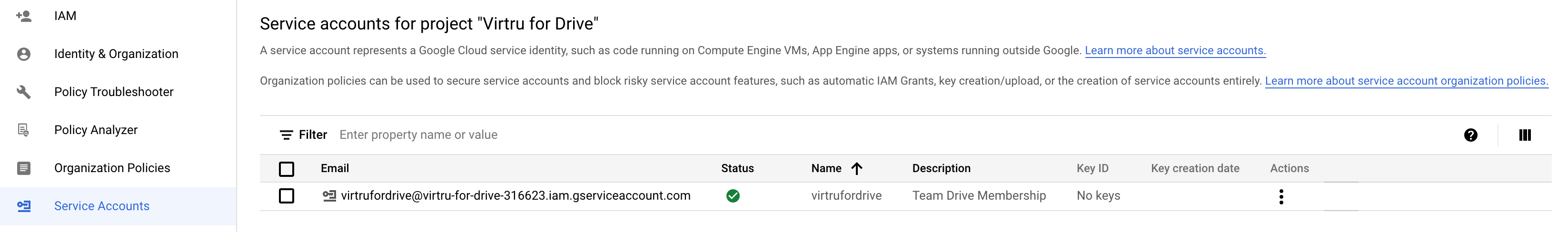 Service accounts page