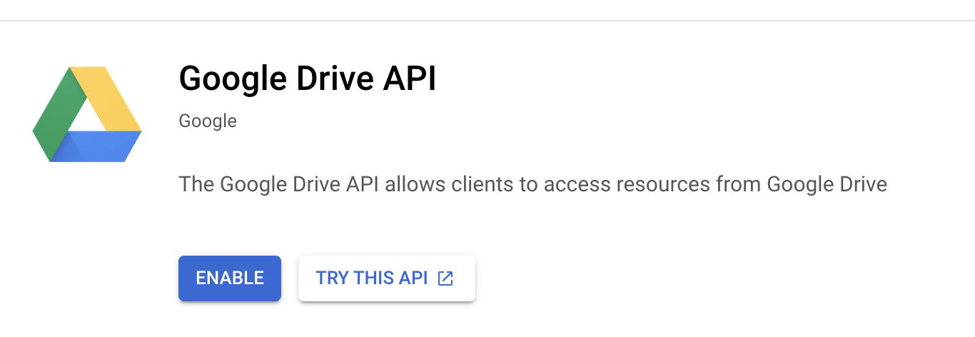 Google Drive API page with enable button and try this API button