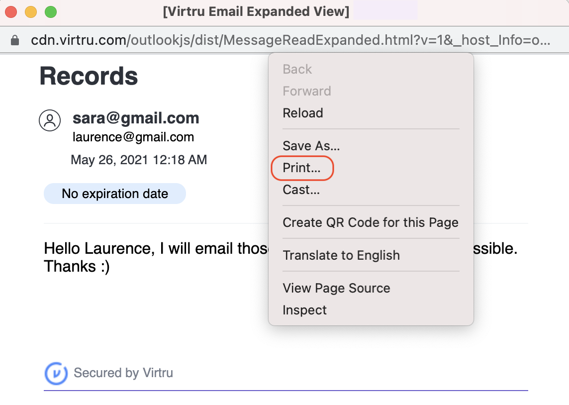 Virtru Email Expanded View