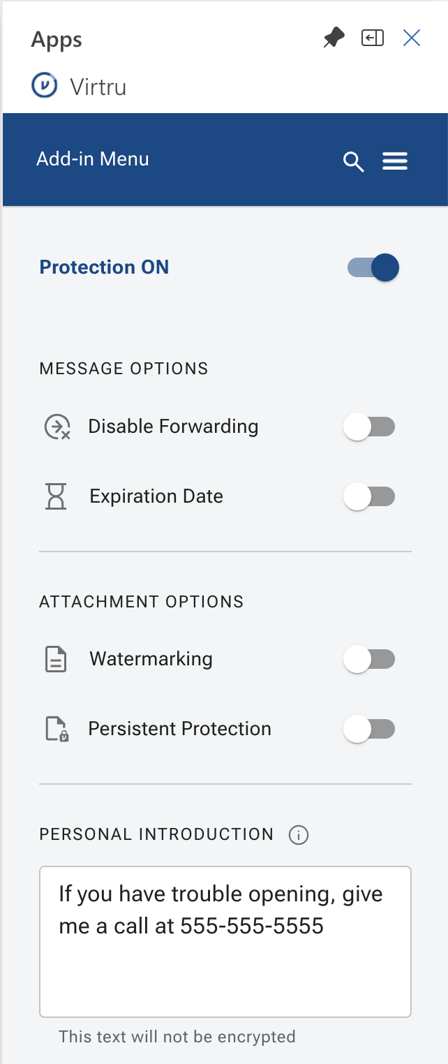 Virtru add-in panel