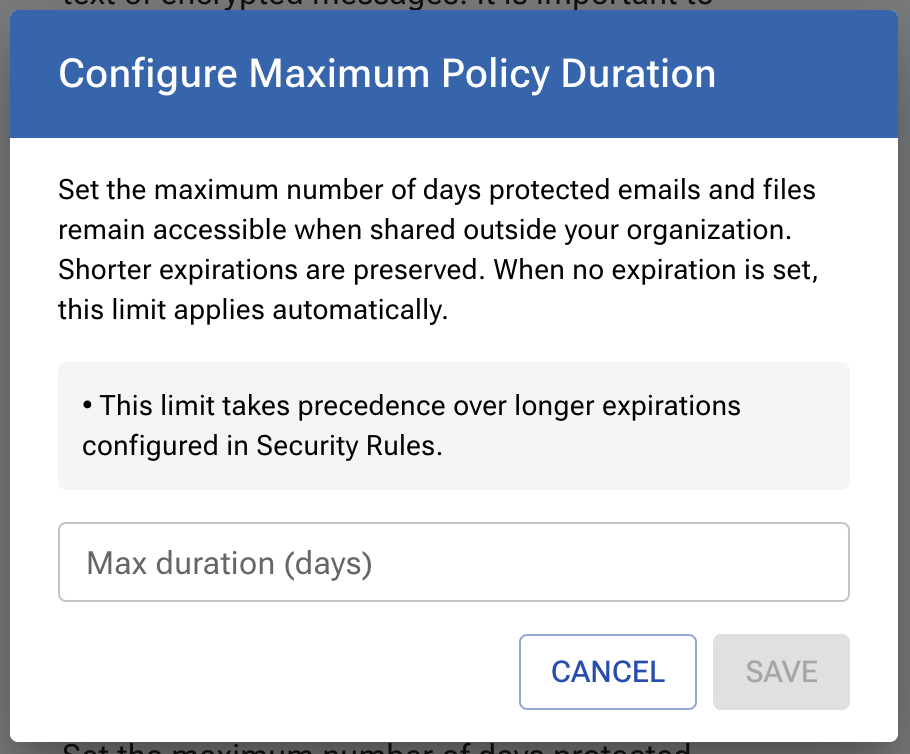 Maximum Policy Duration configuration menu