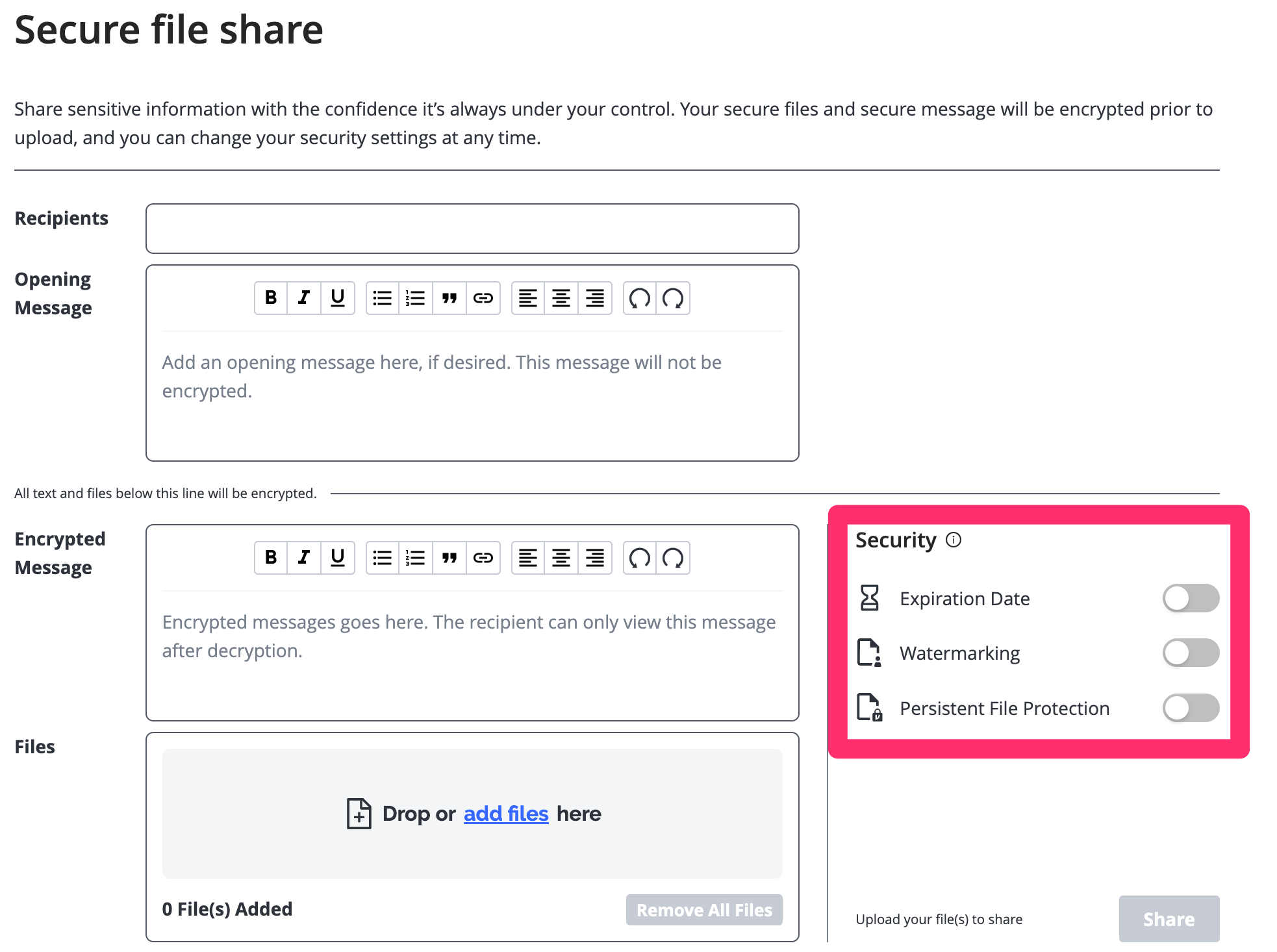 Secure file share Security settings