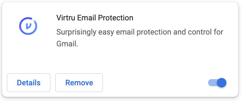 Enabled Virtru Email extension with blue toggle on